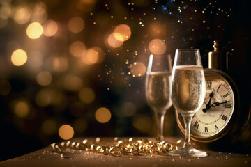 two glasses with champagne and clock on table with Christmas decorations. new year, generative AI