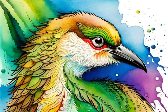 kiwi bird face side view, multi color splash art image on white background, By Generative AI technology