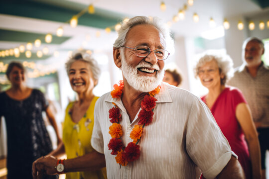 Group of seniors having fun in a retirement home. Senior people lifestyle concept. Generative AI