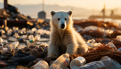 Polar bear near the ocean, surrounded degrading bits of plastic, shopping bags, old water bottles