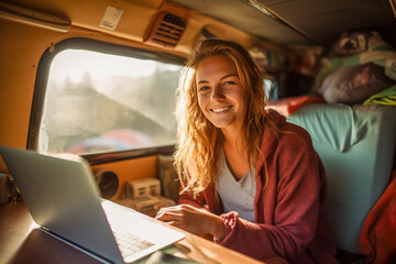 Portrait of smiling young woman using laptop while sitting in camper van. Generative AI
