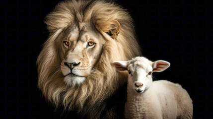 Lion and lamb in front of a black background. Generative AI