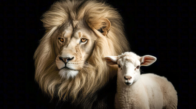 Naklejka Lion and lamb in front of a black background. Generative AI
