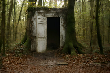 Fototapeta na wymiar Scary door in the woods to another dimension.