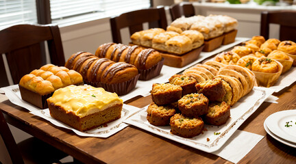 a table full of baked bakery food