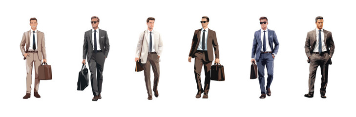 Set of Businessman character in different poses. Handsome man with beard wearing formal suit standing and walking, using phone , front, back and side view. Vector realistic illustration isolated white