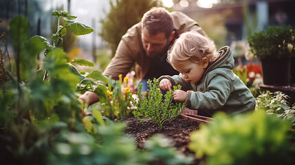 Father shows his son how to take care of the garden and plants.