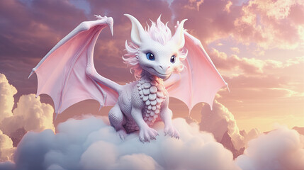 generative ai illustration of a cute white baby dragon on fluffy clouds