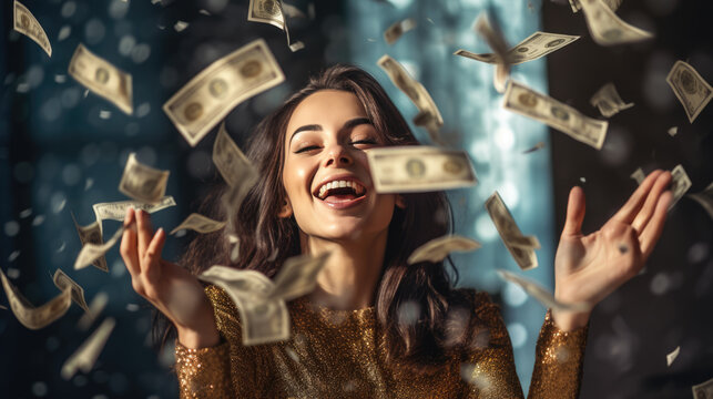 Attractive young woman stands under money fly rain. Created with Generative AI technology.