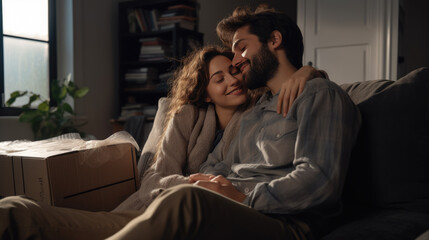 Obraz premium Young couple sits on a couch in a new house or apartment surrounded by boxes from moving. Created with Generative AI technology.