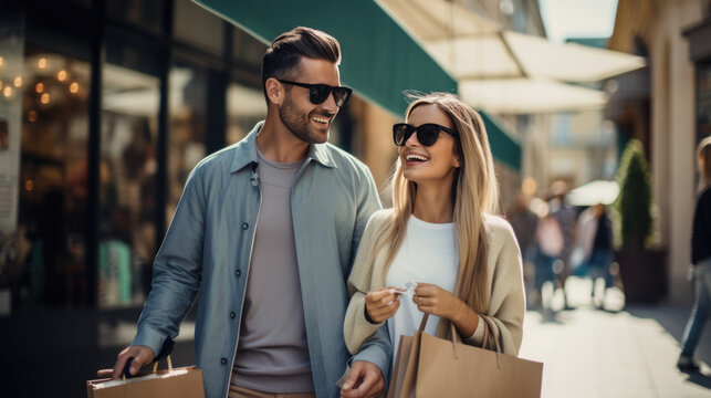 Young couple is shopping at the mall. Created with Generative AI technology.