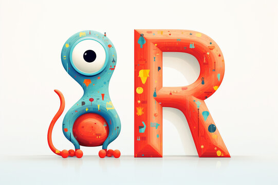 Colorful alien alphabet, uppercase letter R isolated on white background, vibrant kids font with fantasy characters for education in school, preschool and kindergarten. Generative AI.