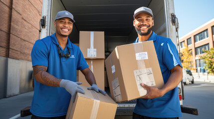 Workers unloading boxes from van outdoors. Moving service. Created with Generative AI technology.