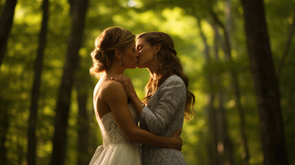Fototapeta premium Portrait of a happy same-sex lgbt couple kissing during their wedding. Created with Generative AI technology.