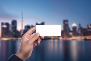 Close up male hand unrecognizable man businessman in formal suit employer unknown entrepreneur lawyer arm holding empty blank white business card at city cityscape background evening night mock up