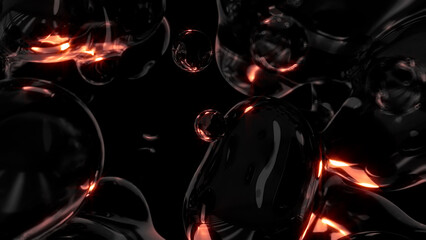 orange lighting transpicuous fluid spheres on black background - abstract 3D illustration