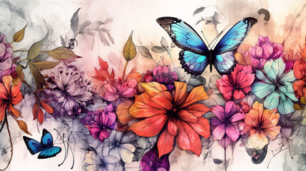 Beautiful vintage background with flowers, exotic plants, butterflies. Floral print