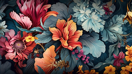Beautiful vintage background with flowers, exotic plants, butterflies. Floral print