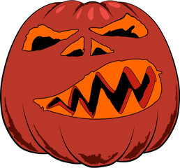 vector cartoon illustration of a bad pumpkin with carved nose eyes and mouth.