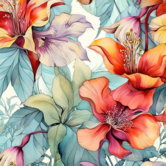 Beautiful vintage background with flowers, exotic plants, butterflies. Floral print