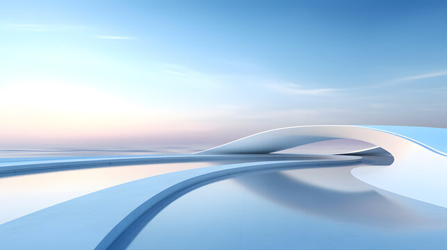 3d rendering and illustration and curved wall, architecture, white, pink, blue sky, modern, trendy, new