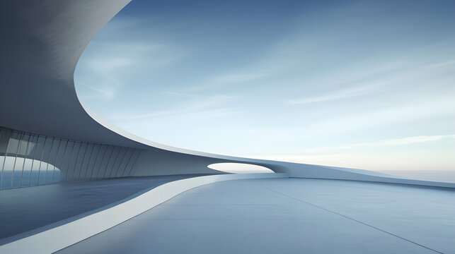 3d rendering and illustration and curved wall, architecture, white, pink, blue sky, modern, trendy, new