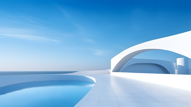 3d rendering and illustration and curved wall, architecture, white, pink, blue sky, modern, trendy, new