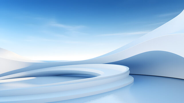 3d rendering and illustration and curved wall, architecture, white, pink, blue sky, modern, trendy, new