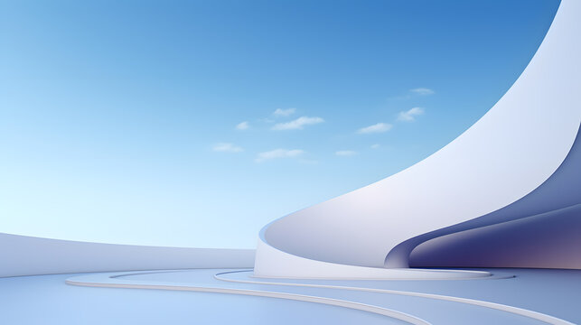 3d rendering and illustration and curved wall, architecture, white, pink, blue sky, modern, trendy, new