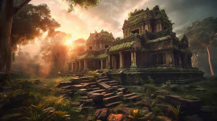 Ruins of old Hindu temple in jungle at sunset. 