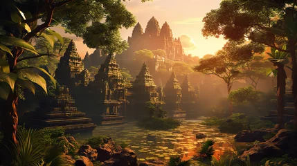 Photo sur Plexiglas Lieu de culte Ruins of old Hindu temple in jungle at sunset. 