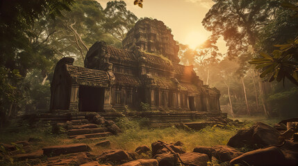 Ruins of old Hindu temple in jungle at sunset.  - obrazy, fototapety, plakaty