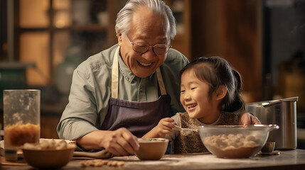 Grandpa and his granddaughter are making cookie dough in the kitchen.