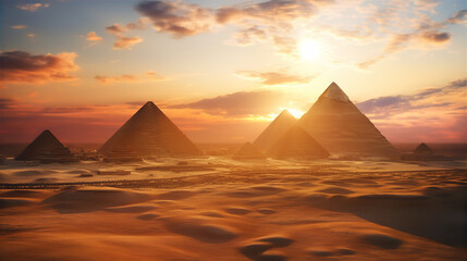 Egyptian pyramids at sunset and dramatic sky  - Powered by Adobe