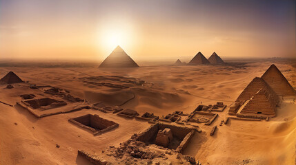 Egyptian pyramids at sunset and dramatic sky 