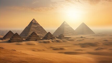 Fototapeta na wymiar Egyptian pyramids at sunset and dramatic sky 