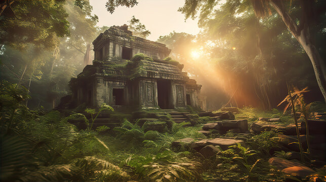 Ruins of old Hindu temple in jungle at sunset. 