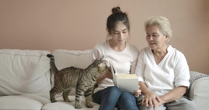 Young asian woman and her mother reading book together with a cute cat on sofa. Happy mom and pretty daughter in casual clothes at house during quarantine with pet. Social distance new normal concept.