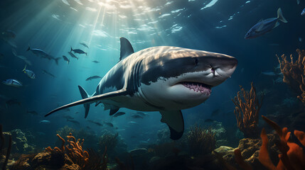 Shark in the beautiful blue ocean. AI Generated