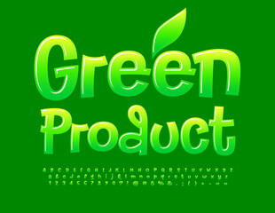 Vector trendy sign Green Product. Bright Glossy Font. Handwritten Alphabet Letters and Numbers set.