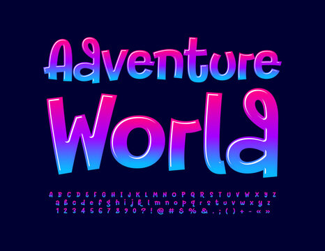 Vector playful Emblem Adventure World. Funny Glossy Font. Handwritten Alphabet Letters and Numbers set