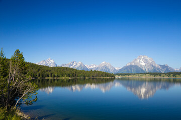  Grand Teton mountain range with pine forest and lake reflection in front
