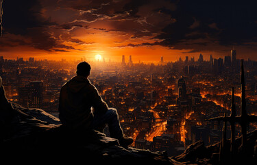 Fototapeta premium Beautiful sunset with loneliness. Silhouette of person sitting on sunset. Generative AI.