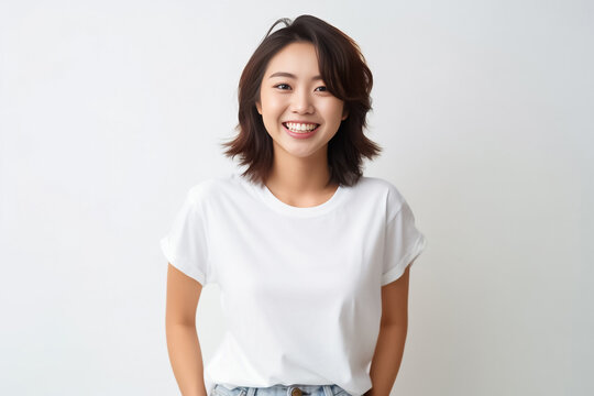 a lively Asian teen with short hair, donning a white T-shirt, standing against a clean white studio backdrop, beautifully lit. Perfect for a wide range of projects. generative AI.