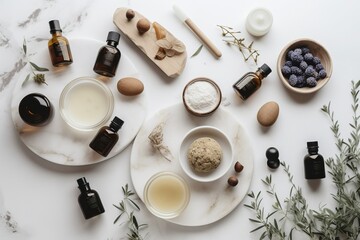 Obraz na płótnie Canvas A top view of a collection of organic skincare products arranged on a white stone table. Ideal for promoting natural and chemical, Generative ai