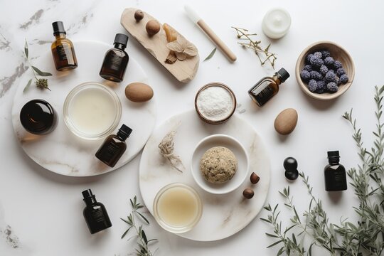 A top view of a collection of organic skincare products arranged on a white stone table. Ideal for promoting natural and chemical, Generative ai