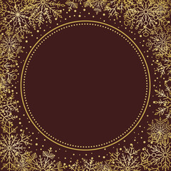 Winter frame with golden arabesques and snowflakes. Golden greeting card. Pattern with snowflakes