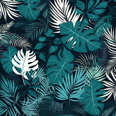 Green and white leaf monstera and palm pattern background. Generated AI. Illustration for design, poster or print.  © Kufotos