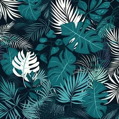 Green and white leaf monstera and palm pattern background. Generated AI. Illustration for design, poster or print.  © Kufotos