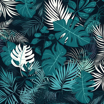 Green and white leaf monstera and palm pattern background. Generated AI. Illustration for design, poster or print. 